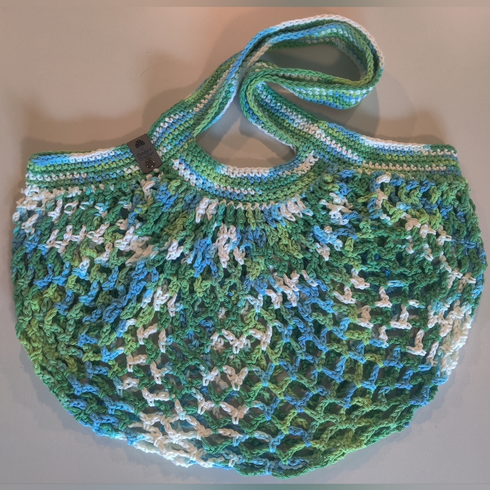 Vibrant Green and Blue Crochet Mesh Market Bag - Picture 2 of 3